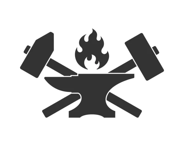 ブラックスミス店のグラフィックラベル ハンマー アンビルや火災などの鍛造ツールでシンボルをフォージします ベクターイラスト — ストックベクタ