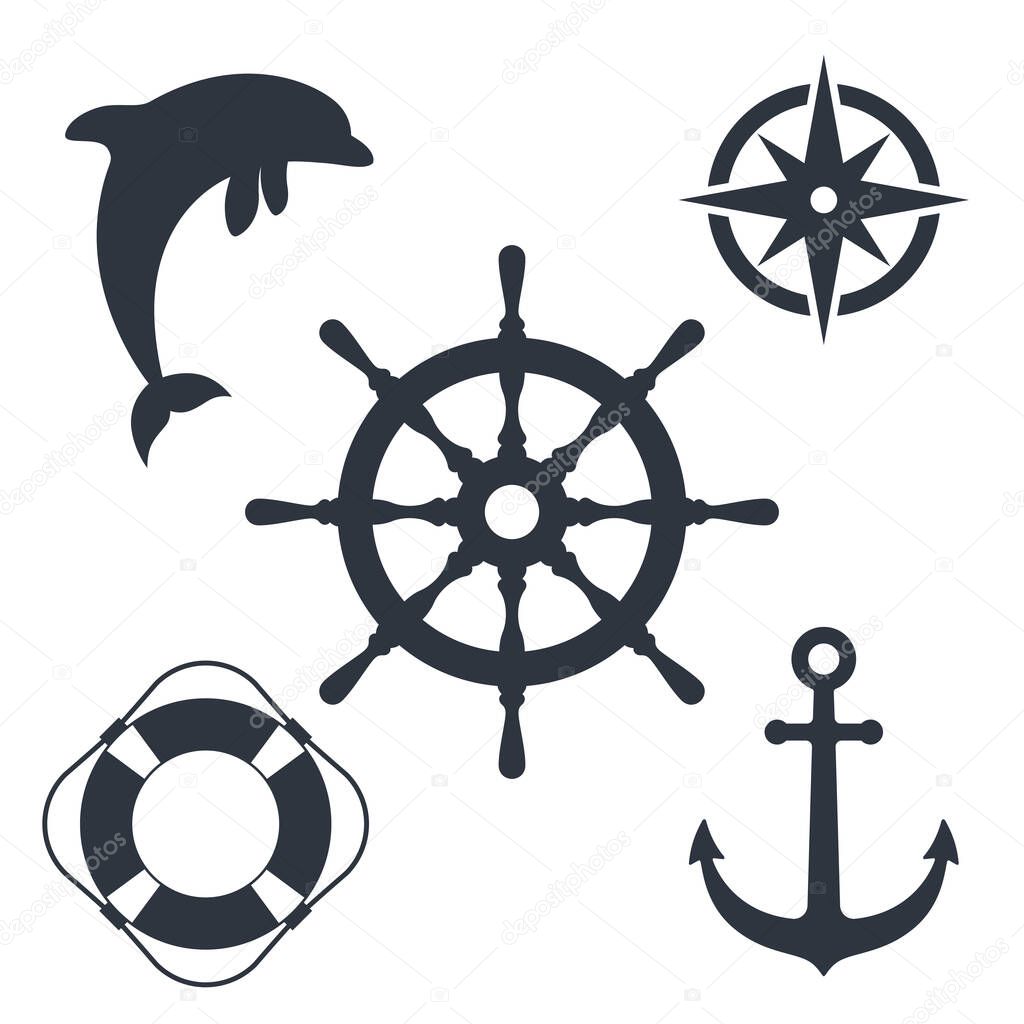Marine travel topic graphic set symbols. Nautical signs isolated on white background. Vector illustration