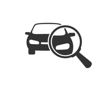 Magnifier glass on car graphic icon. Sign isolated on white background. Symbol of car searching and selling. Vector illustration