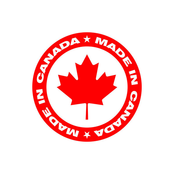 Печать с текстом, сделанным в Канаде. Кленовый лист по кругу. Логотип Canadian premium quality. Метка изолирована на белом фоне. Векторная иллюстрация