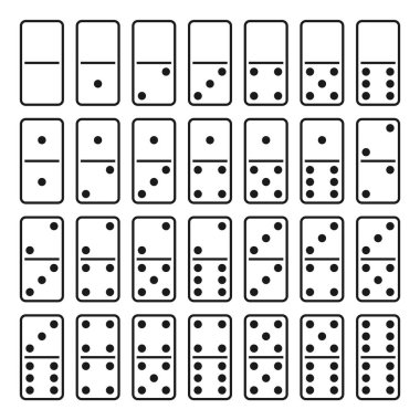 Domino grafik simgeleri ayarlandı. Standart set 28 domino işareti beyaz arka planda izole edildi. Vektör illüstrasyonu