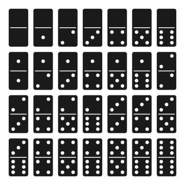 Domino grafik simgeleri ayarlandı. Standart set 28 domino işareti beyaz arka planda izole edildi. Vektör illüstrasyonu