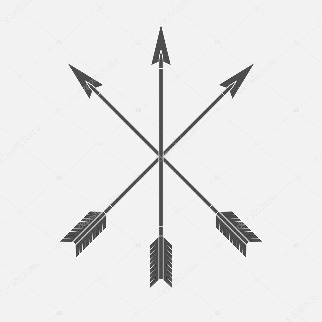 Arrows graphic icon. Crossed three arrows sign isolated on white background. Vector illustration