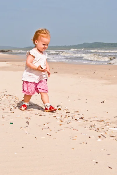 Дівчинка 1,5 років з оболонкою в руці йде вздовж узбережжя — стокове фото