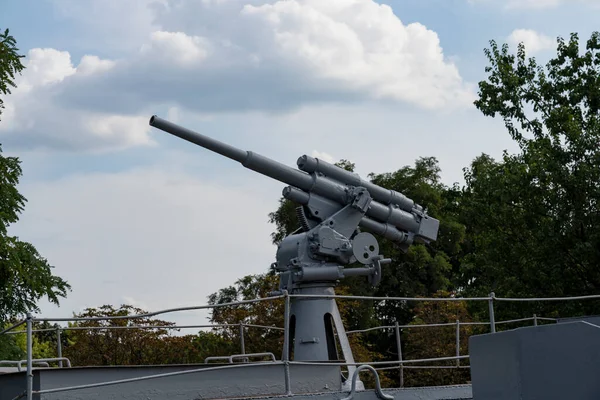 Cannon Installed Warship Which Located Museum Site Backdrop Stormy Sky — Stock Photo, Image