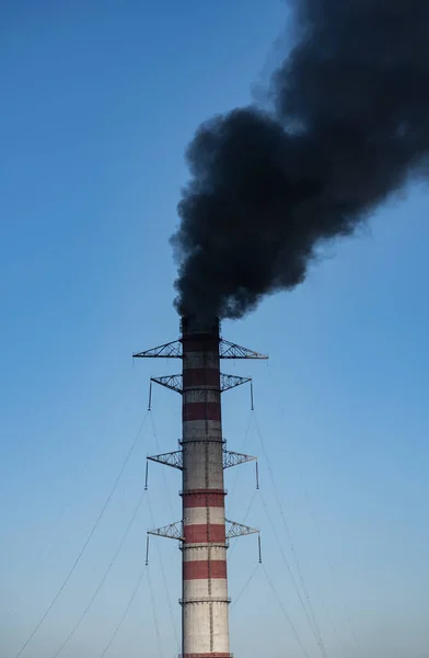 Large Chimney Thermal Power Plant Stream Black Smoke Pollutes Air — Stock Photo, Image