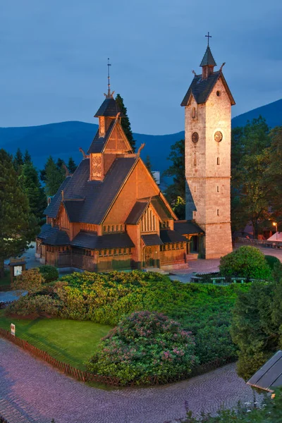 Vang stave church at night, Karpacz, Lower Silesian Voivodeship, Poland.