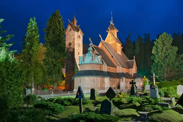 Vang stave church at night, Karpacz, Lower Silesian Voivodeship, Poland.