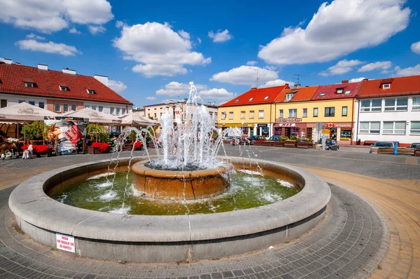 Fountain and market square in Wielun, Lodz Voivodeship, Poland
