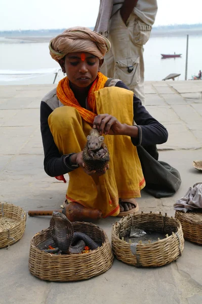 Niño indio con una serpiente . Fotos de stock libres de derechos