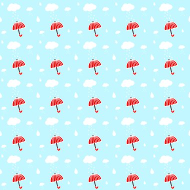 Red umbrella, clouds and rain in the blue sky. vector seamless pattern. Creative with cartoon style  hand drawn, flat design vector illustration