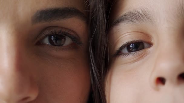 Two halves of a mothers and daughters face close-up. portrait of a happy mother and child — Stock Video