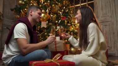 Birbirine aşık çiftler kadehlerini kaldırır. Evde, yerde, Noel ağacının yanında bir kadeh şampanya içerler.