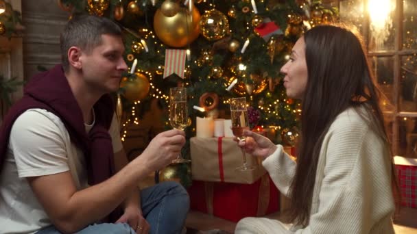 Egy fiatal pár ül a kanapén a karácsonyfa mellett, kezében egy pohár pezsgővel. Az ünnepek és az újév fogalma — Stock videók