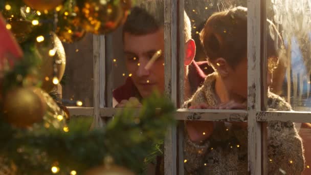 Père et son jeune fils regardent par la fenêtre à Noël ensemble à la maison — Video