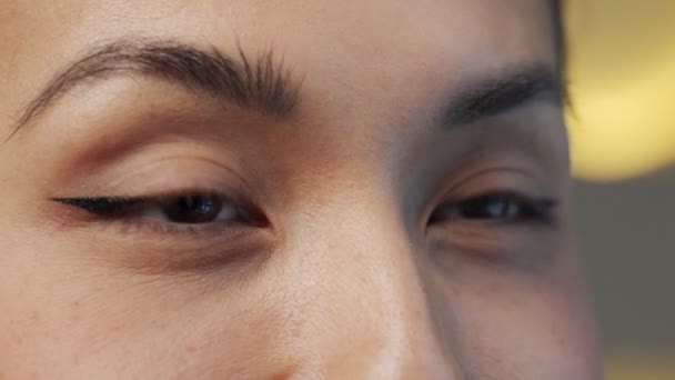 Close-up of a beautiful young Asian woman with brown eyes looking sideways — Video Stock