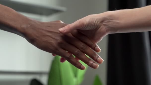 Fehér kaukázusi és fekete férfi kéz tartja össze, barátság koncepció — Stock videók