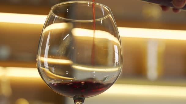 L'uomo versa vino rosso dalla bottiglia in bicchiere da vino nel ristorante — Video Stock