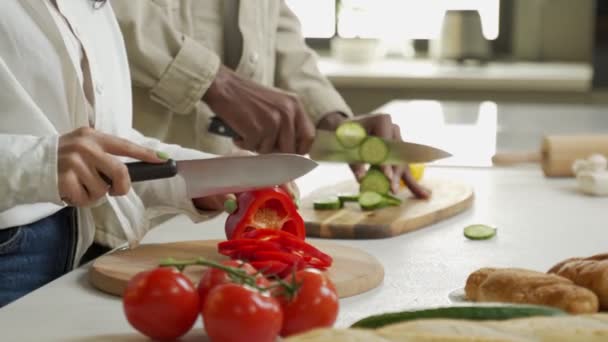 Multiracial man and woman cut fresh vegetables on boards — Stock Video