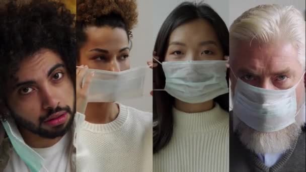 Kollage av människor av olika nationaliteter som bär masker — Stockvideo
