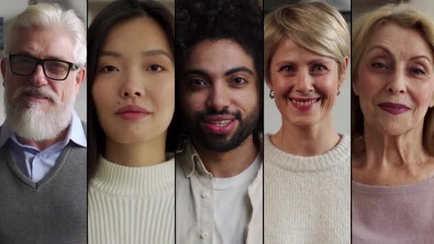 Collage van multiculturele mensen die recht in de camera kijken — Stockvideo