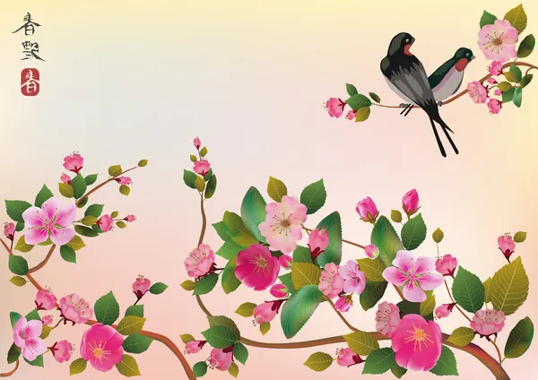 Sakura kuş. kartpostal. Menü. — Stok Vektör