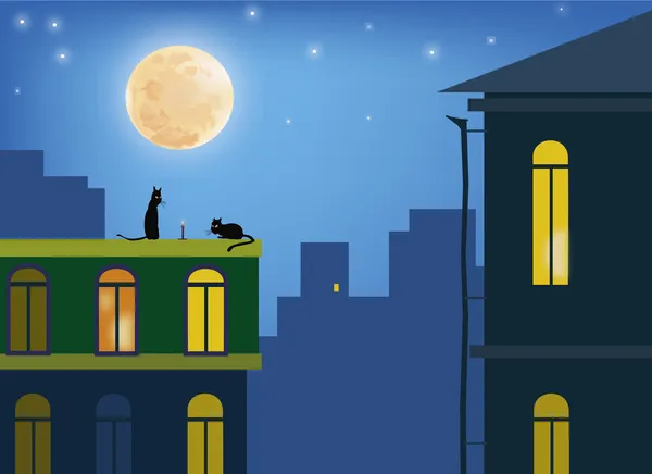 Kočky.? ATS v měsíčním svitu na střechy města — Stockový vektor