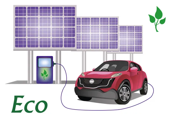 Carro de ecologia, painéis solares  . — Vetor de Stock