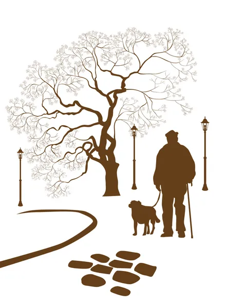 Loneliness, a walk in the park man with a dog — Stock Vector