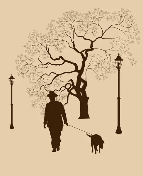 Solitudine, una passeggiata nel parco uomo con un cane — Vettoriale Stock