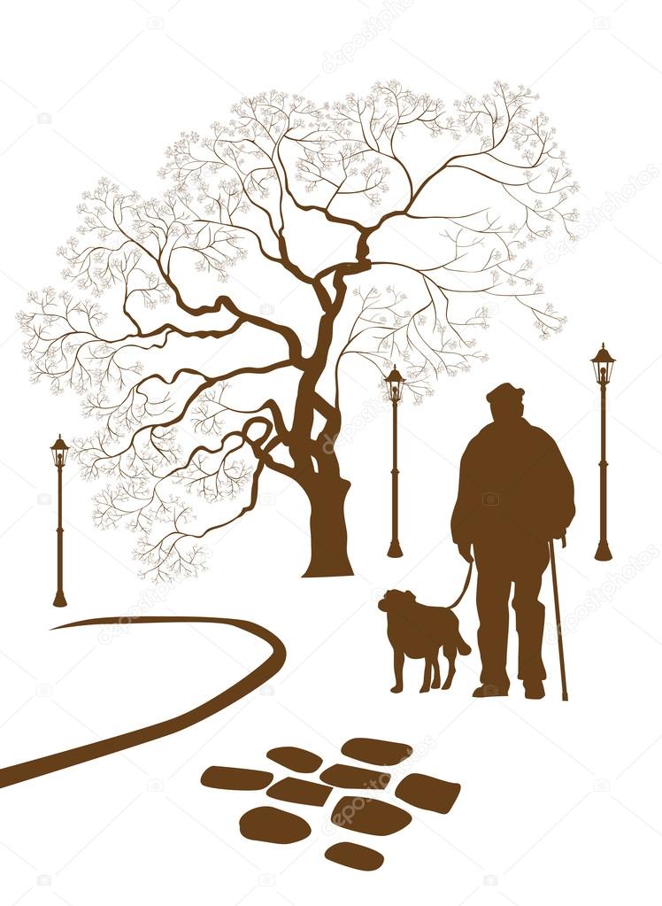 Loneliness, a walk in the park man with a dog