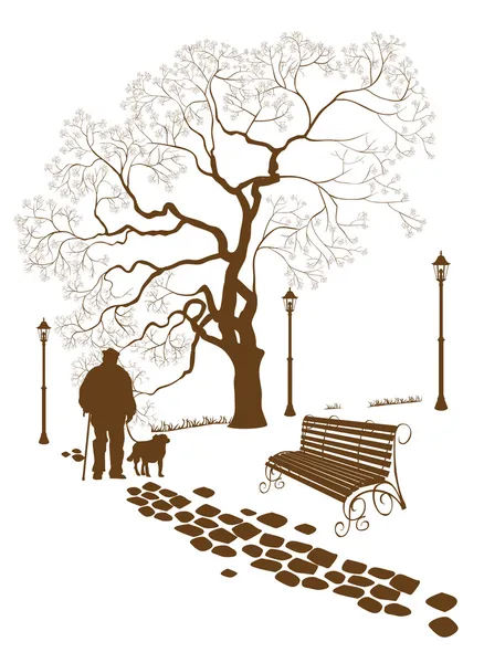 Soledad, un paseo por el parque hombre con un perro — Vector de stock