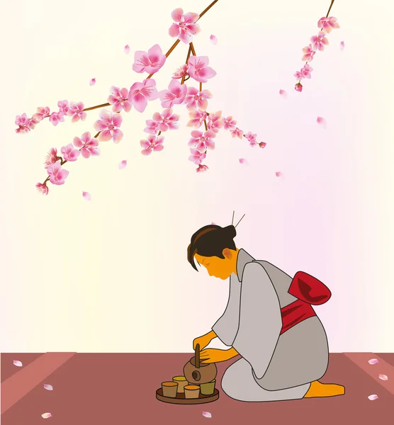 Sakura. Ceremonia del té. café  . — Vector de stock