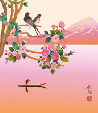 Sakura. Yalnız bir kayıkçı, yüzen göle