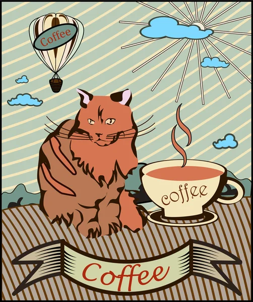 Hot-cat drinking hot coffee, retro banner. — Stock Vector