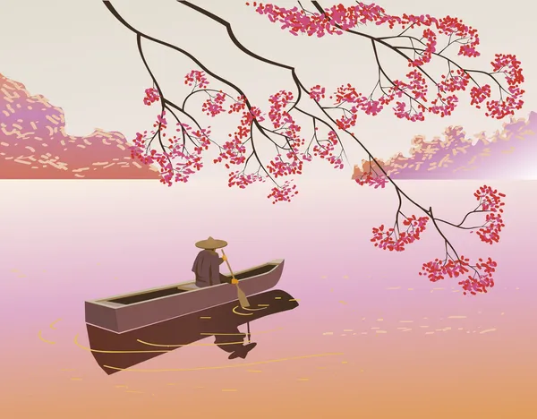 Sakura. Un barcaiolo solitario, galleggia sul lago nel — Vettoriale Stock