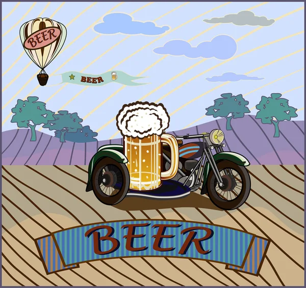 Μοτοσικλέτα banner ρετρό και ένα βαρέλι μπύρας — Διανυσματικό Αρχείο