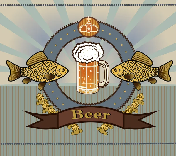 Vaso de cerveza con espuma y pescado — Vector de stock