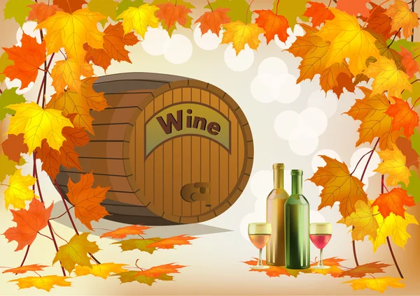 Bannière avec un tonneau de vin en bouteilles et verres — Image vectorielle