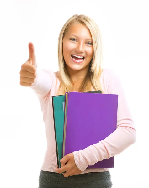 Dziewczyna student szczęśliwy nastoletnich liceum na białym tle — Zdjęcie stockowe