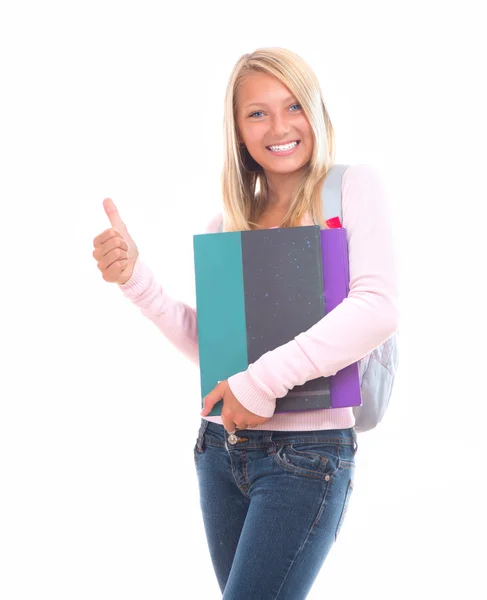 Feliz adolescente estudante do ensino médio menina isolada no branco — Fotografia de Stock