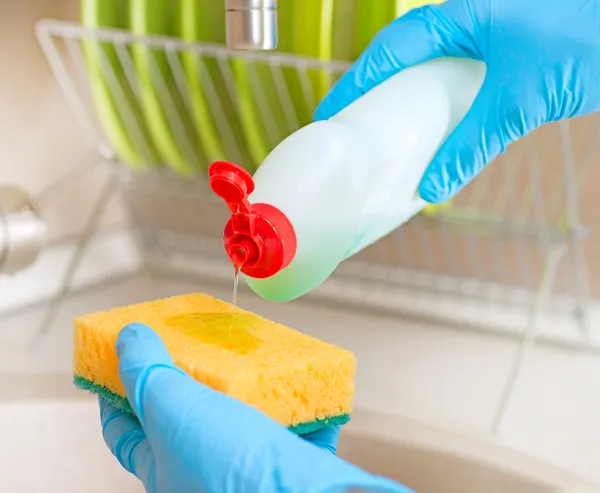 Dishwashing Liquid and Sponge. Dish Washing — Stock Photo, Image