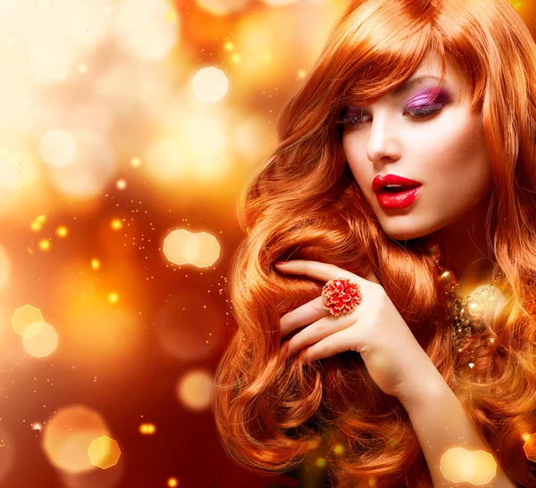 Golden Fashion Girl Portrait. Wavy Red Hair Stock Picture