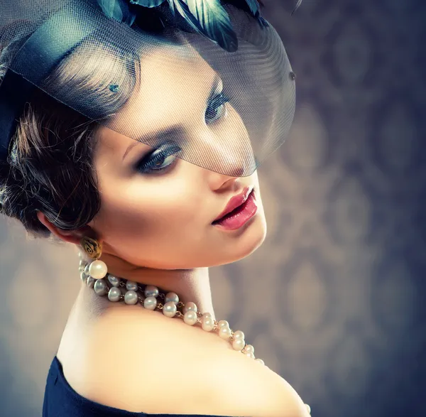 Retro Beauty Portrait. Vintage Styled. Beautiful Young Woman Stock Picture