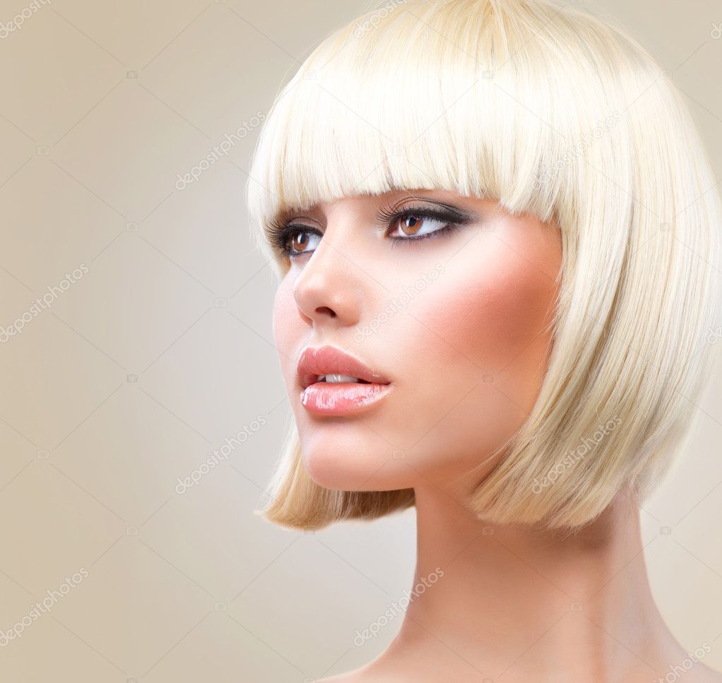 Haircut. Beautiful Girl with Healthy Short Blond Hair. Hairstyle ...