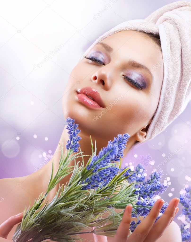 Spa Girl with Lavender Flowers. Organic Cosmetics