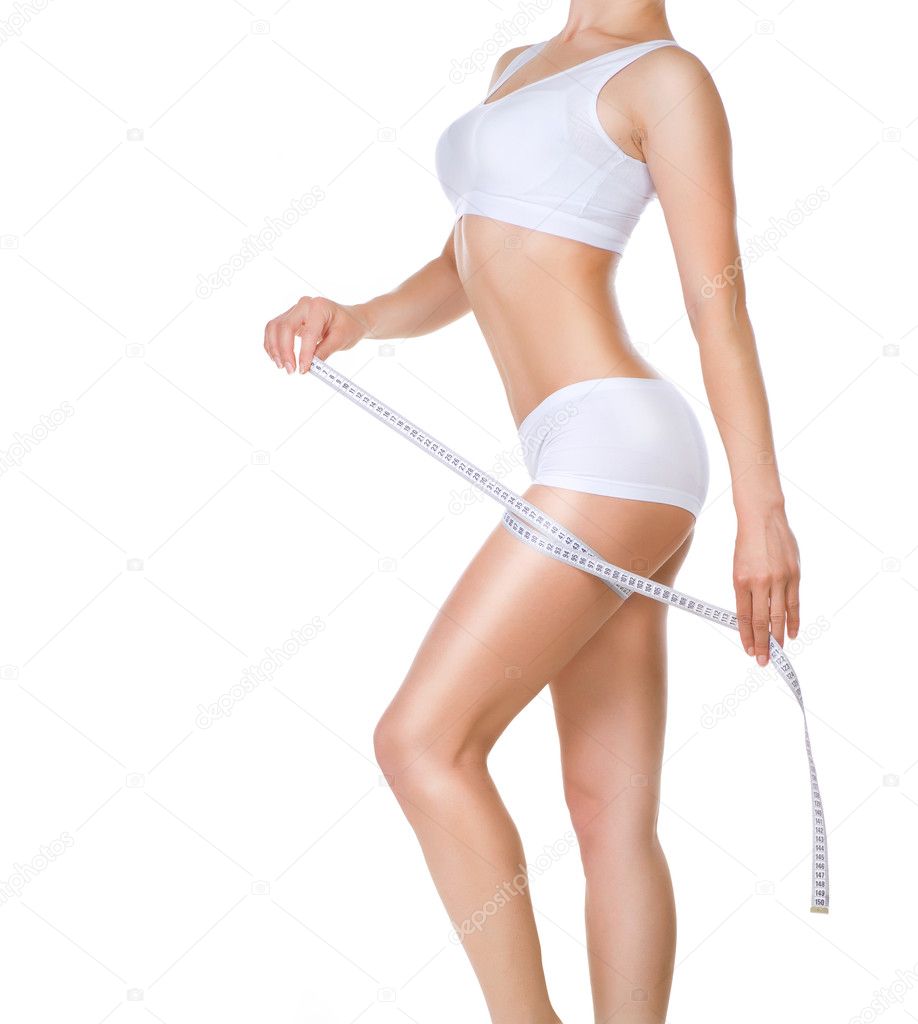 Woman Measuring Her Perfect Body. Healthy lifestyle concept