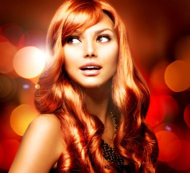 Beautiful Girl With Shiny Red Long Hair over Blinking Background clipart