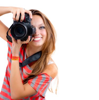 profesyonel fotoğraf makinesi ile genç bir kız. beyaz izole