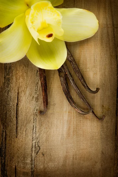 Vanilj pods och blomma över trä bakgrund — Stockfoto